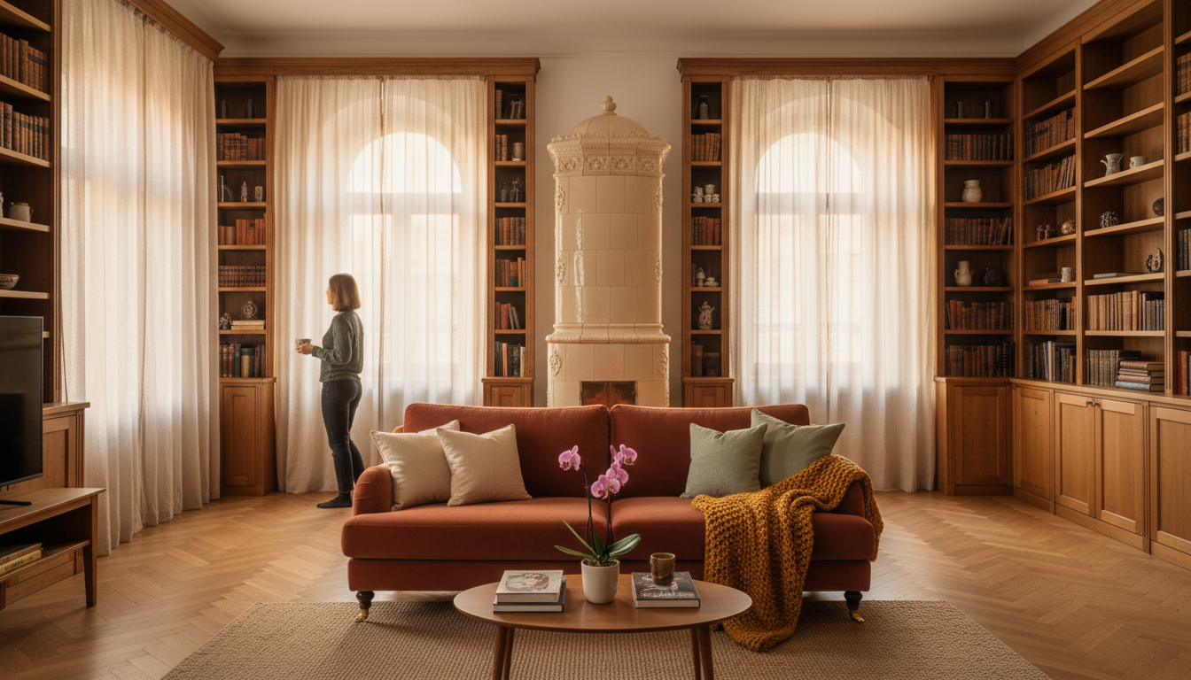 Cozy Viennese living room with parquet floors, a tiled Kachelofen traditional ceramic stove, built-i
