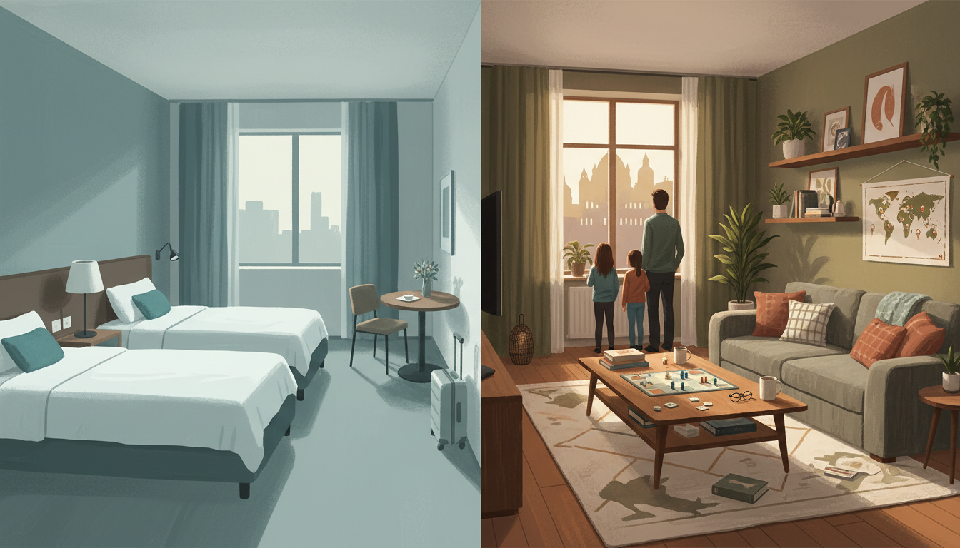 Split-screen comparison left side shows a generic hotel room with two beds right side shows a spacio