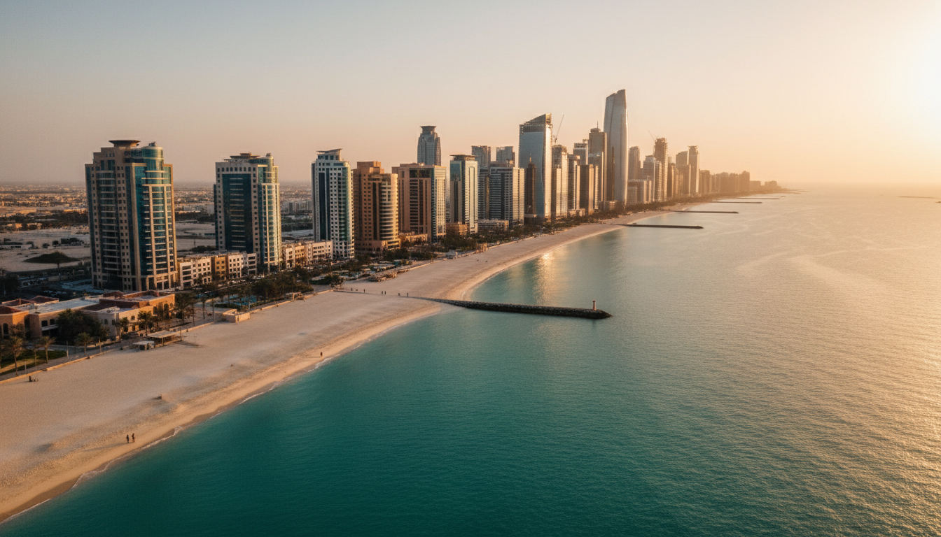 Aerial view of Abu Dhabis Corniche at golden hour, with the turquoise Arabian Gulf waters, white san