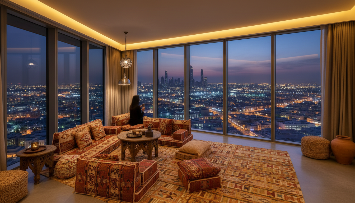 Cozy living room interior in a modern Abu Dhabi apartment, with Arabic design elements, floor cushio