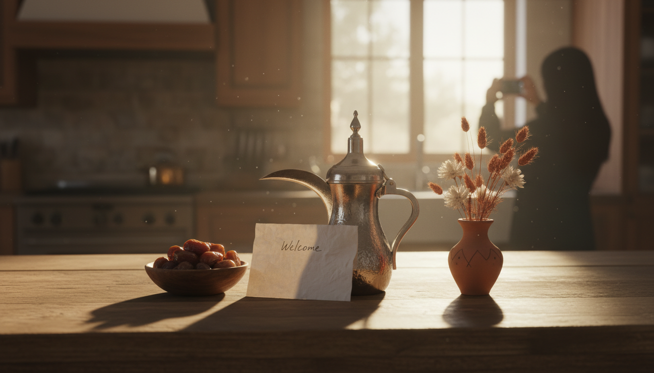 Handwritten welcome note on a kitchen counter with Arabic coffee pot dallah, dates, and a small vase