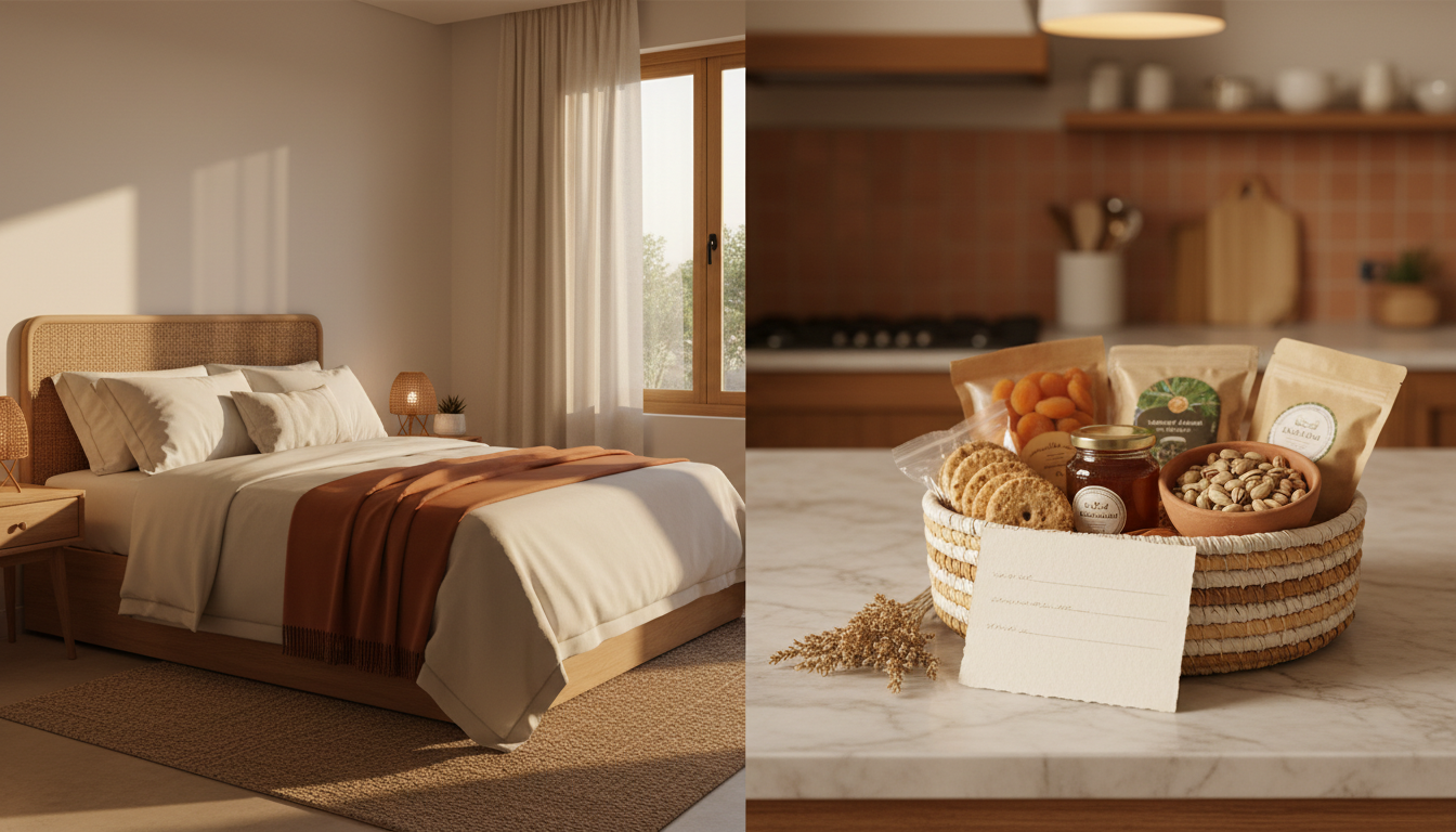 Split image showing a well-organized guest bedroom with fresh linens on the left, and a kitchen coun