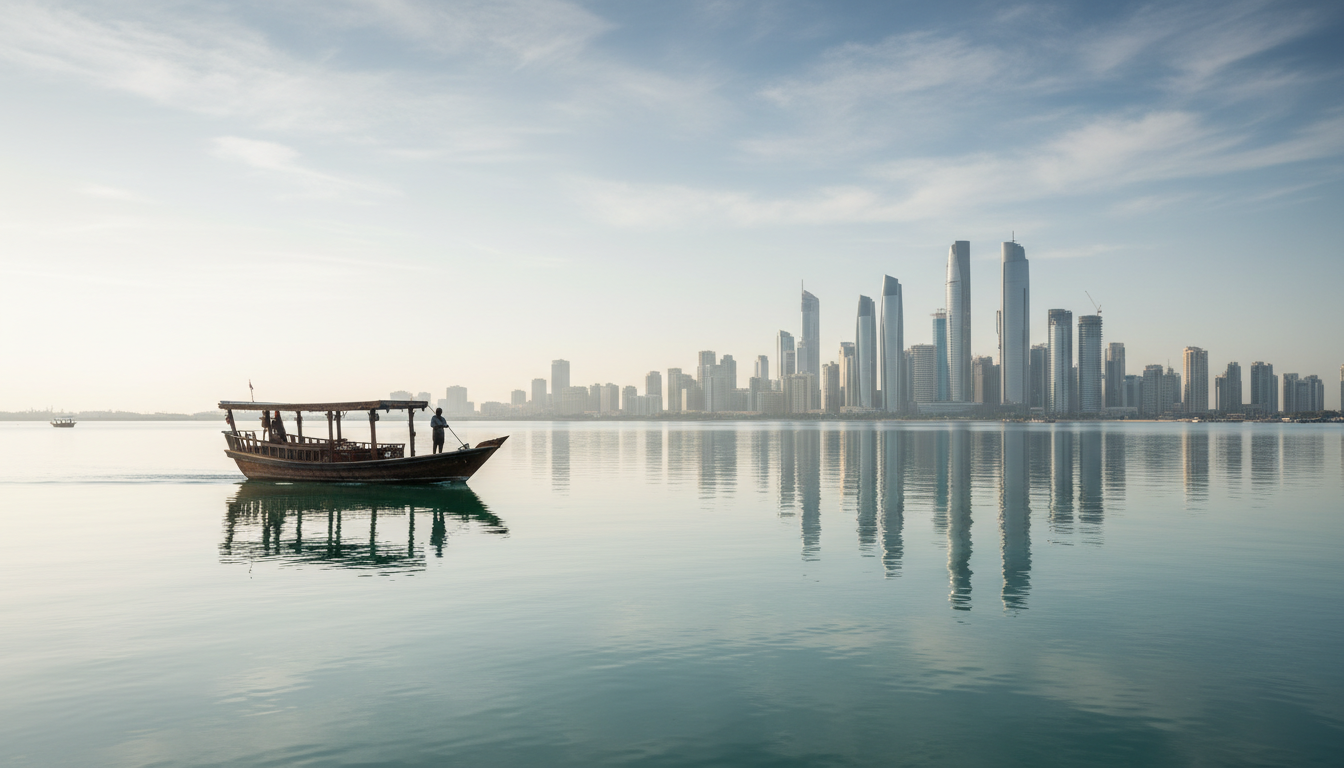 Traditional wooden abra boat on calm waters with Abu Dhabis modern skyline in the background, soft m