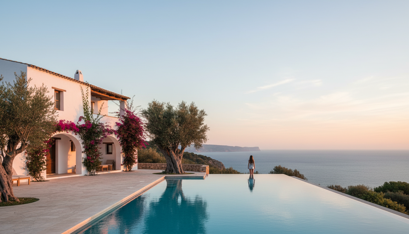 Traditional whitewashed Ibizan finca with terracotta roof tiles, surrounded by olive trees and bouga