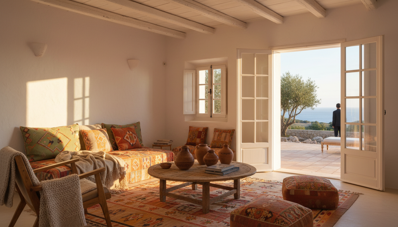 Cozy interior of an Ibizan home with exposed wooden ceiling beams, white walls, colorful Moroccan te