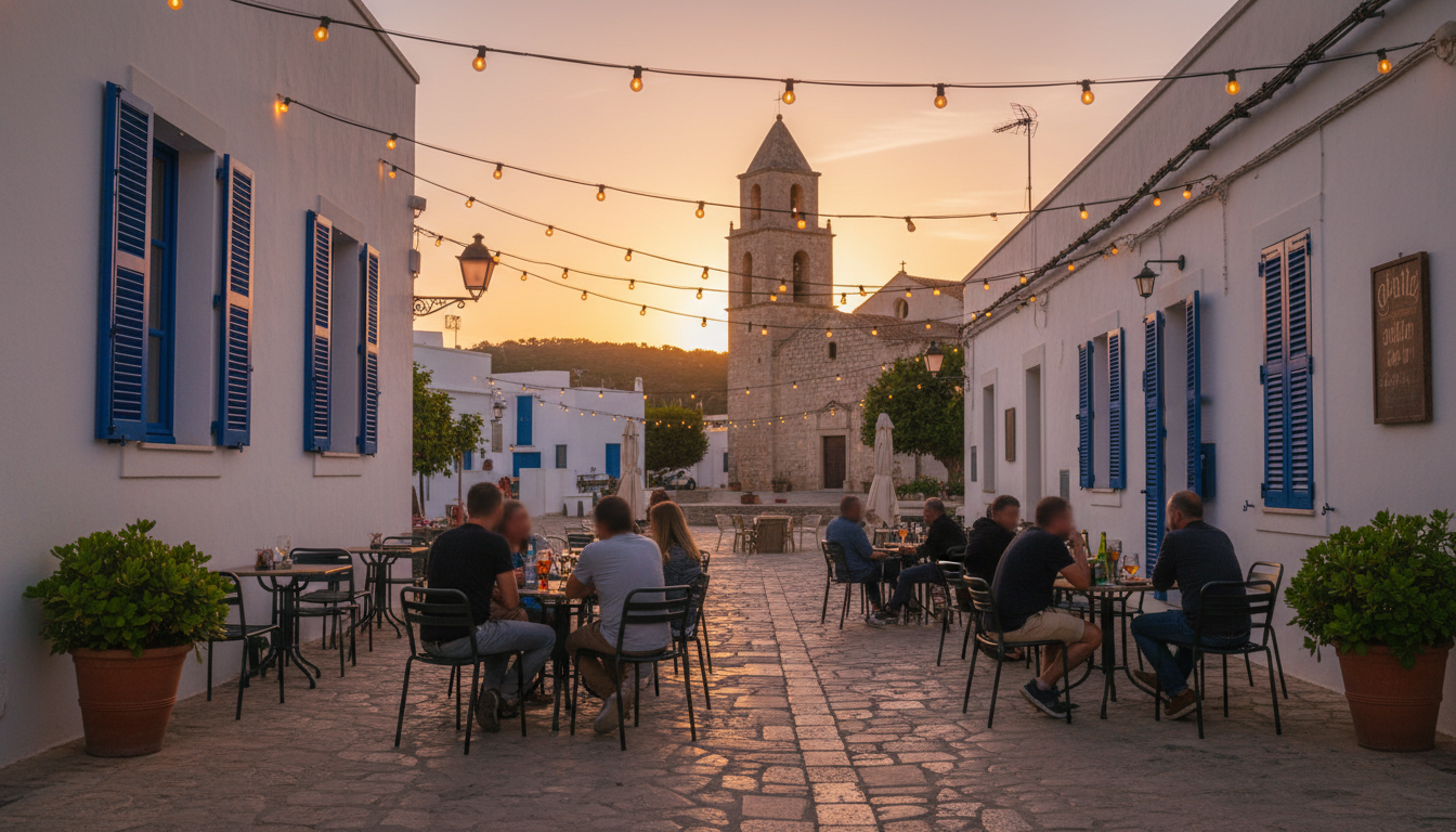 Charming village plaza in Santa Gertrudis at sunset, whitewashed buildings with blue shutters, local