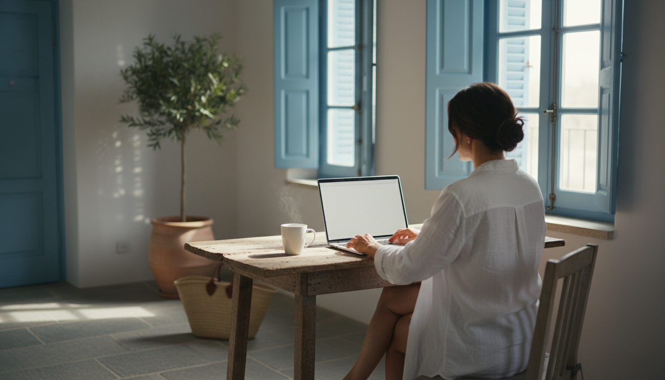 Woman in her 30s sitting at a rustic wooden desk in a bright Mediterranean room, laptop open, cup of