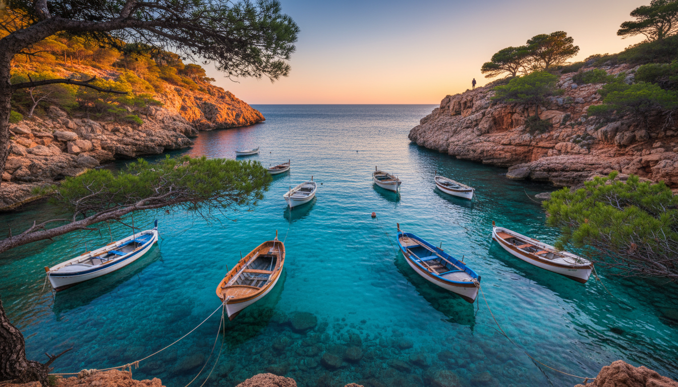 Secluded Ibiza cove with crystal-clear turquoise water, traditional wooden fishing boats llats moore