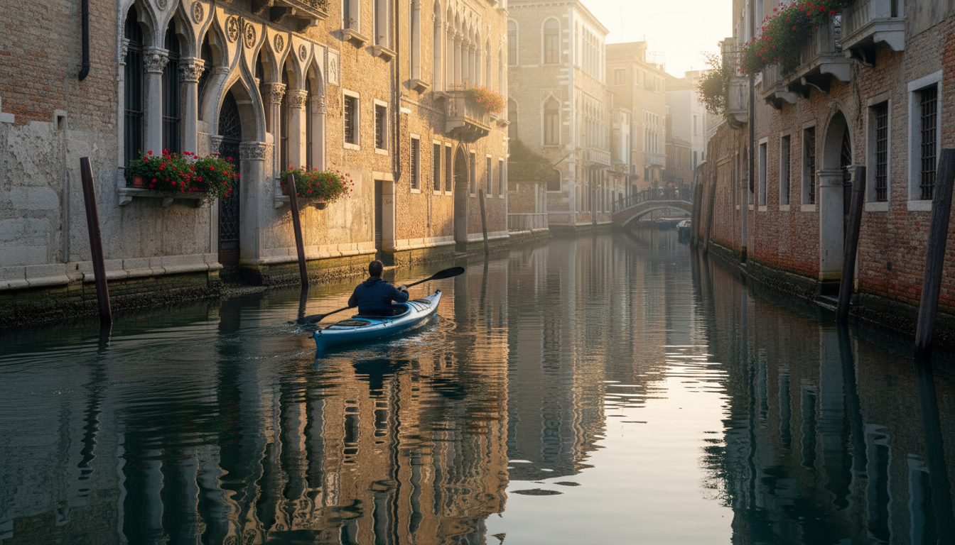 Early morning kayaker paddling through a quiet Venice canal with Gothic windows and flower boxes ref