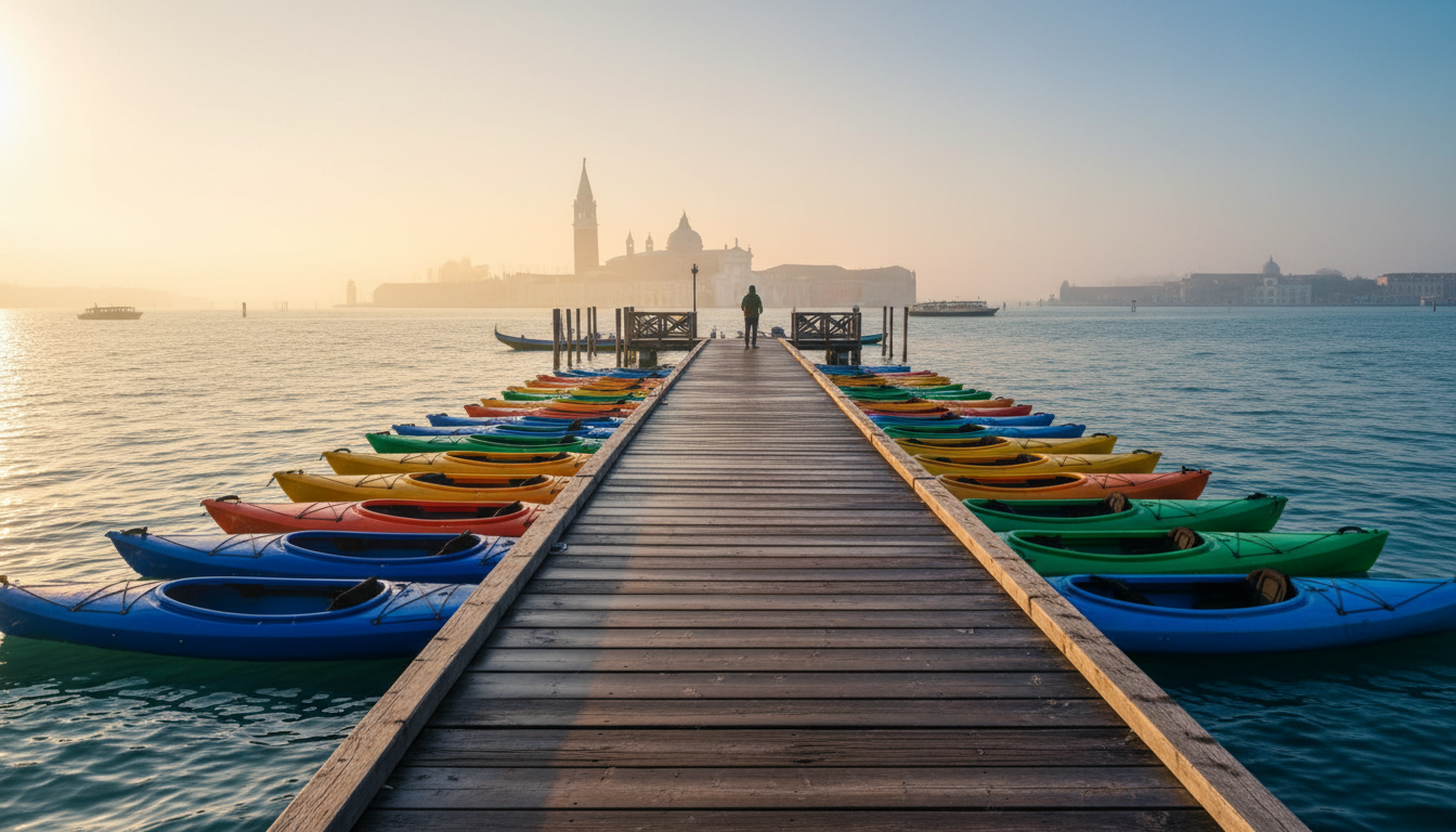 Colorful kayaks lined up on a wooden dock in the Venice lagoon with the distant skyline of Venice vi