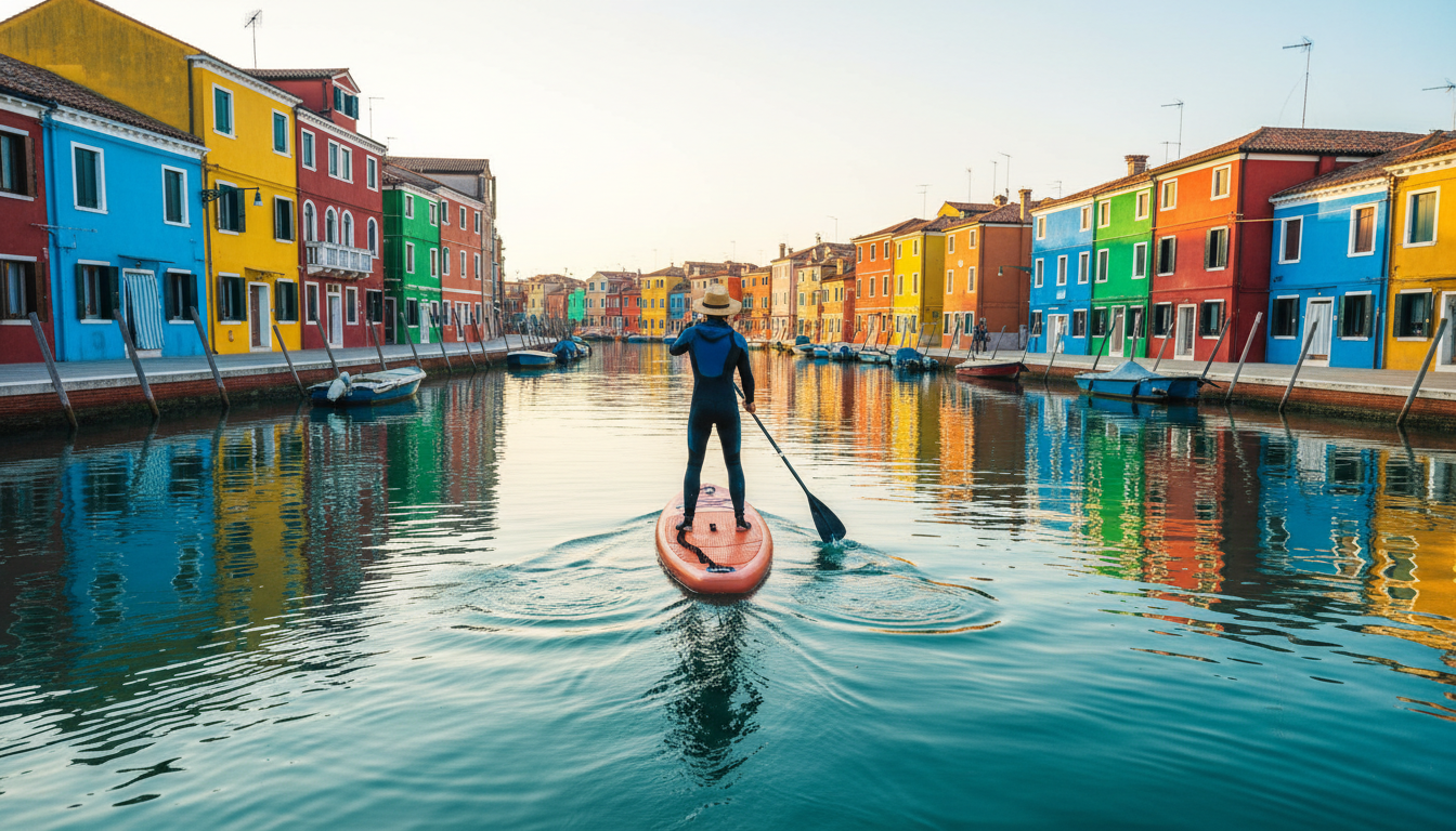 Stand-up paddleboarder gliding past the colorful houses of Burano with their reflections in calm lag