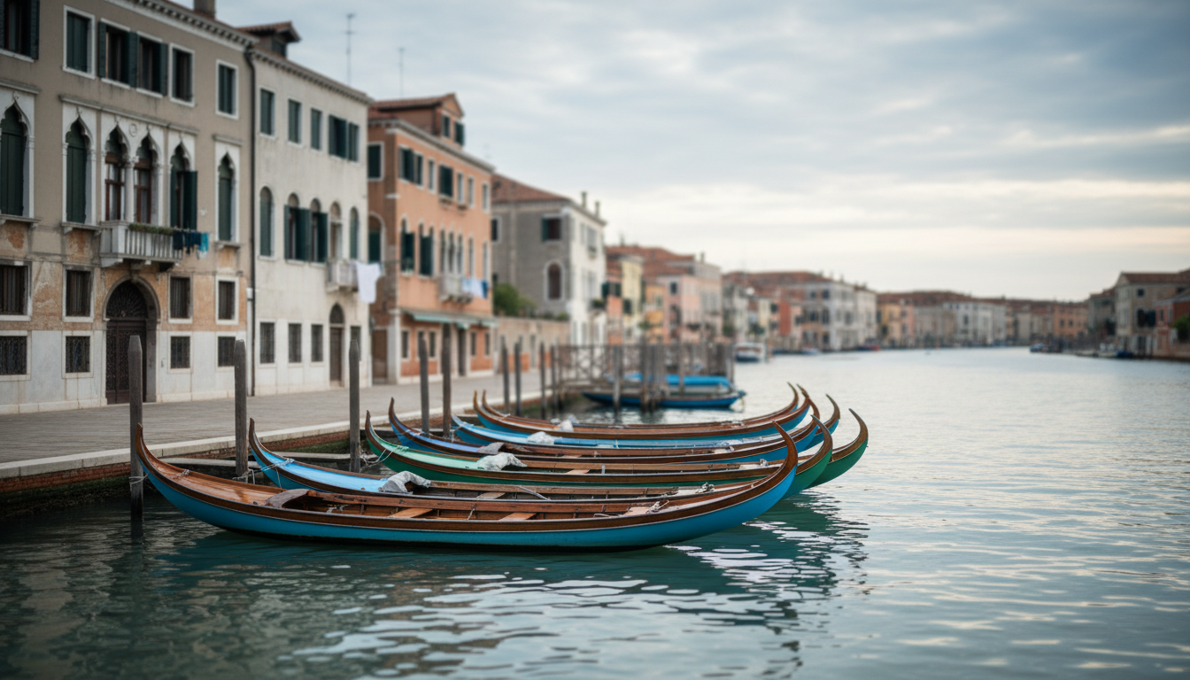 Row of traditional Venetian wooden boats sandoli moored at a canal-side dock with historic buildings