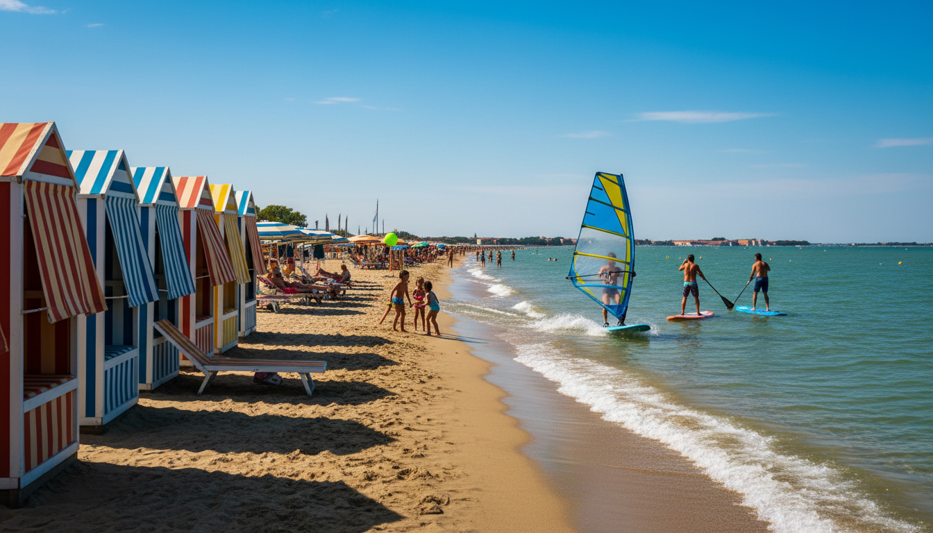 Sandy beach on the Lido di Venezia with traditional striped beach cabanas and the Adriatic Sea, summ