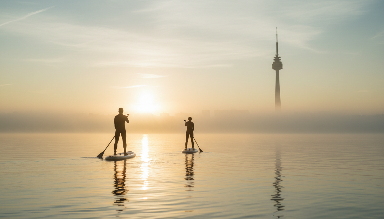 Early morning paddleboarders on the Alte Donau with Viennas Donauturm tower visible in the misty bac