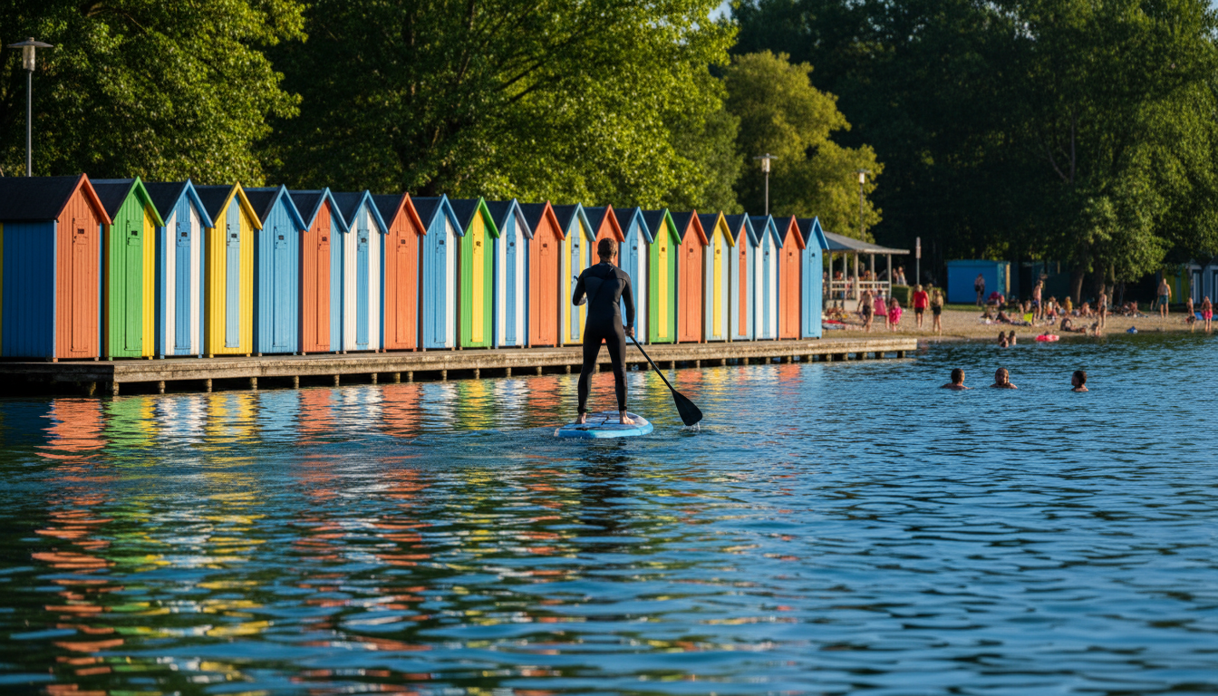 SUP boarder paddling past the Gnsehufel beach complex on the Alte Donau, with colorful changing cabi