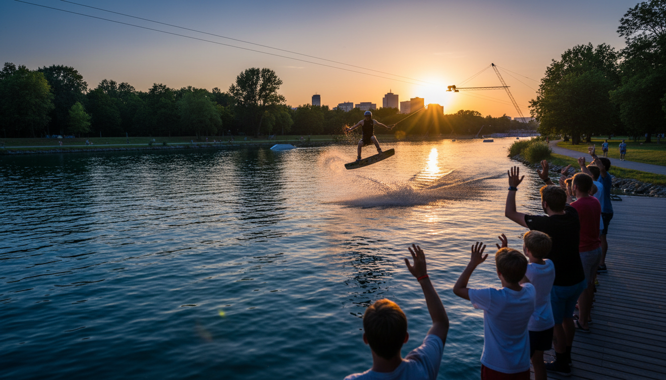 Wakeboarder catching air at Wake Zone Viennas cable park, with the Donauinsels green parkland visibl