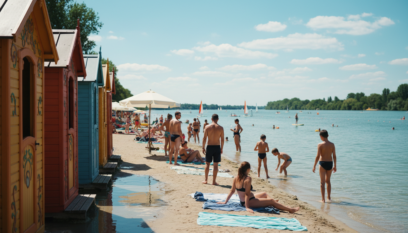 Families swimming and sunbathing at Gnsehufel beach, with wooden changing cabins in Art Nouveau styl