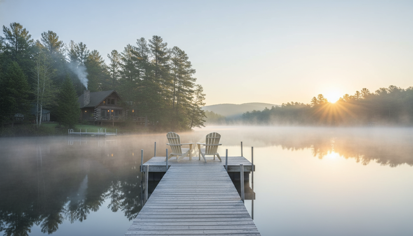 Morning mist rising over a serene lake with a wooden dock and Adirondack chairs, a cozy cabin visibl