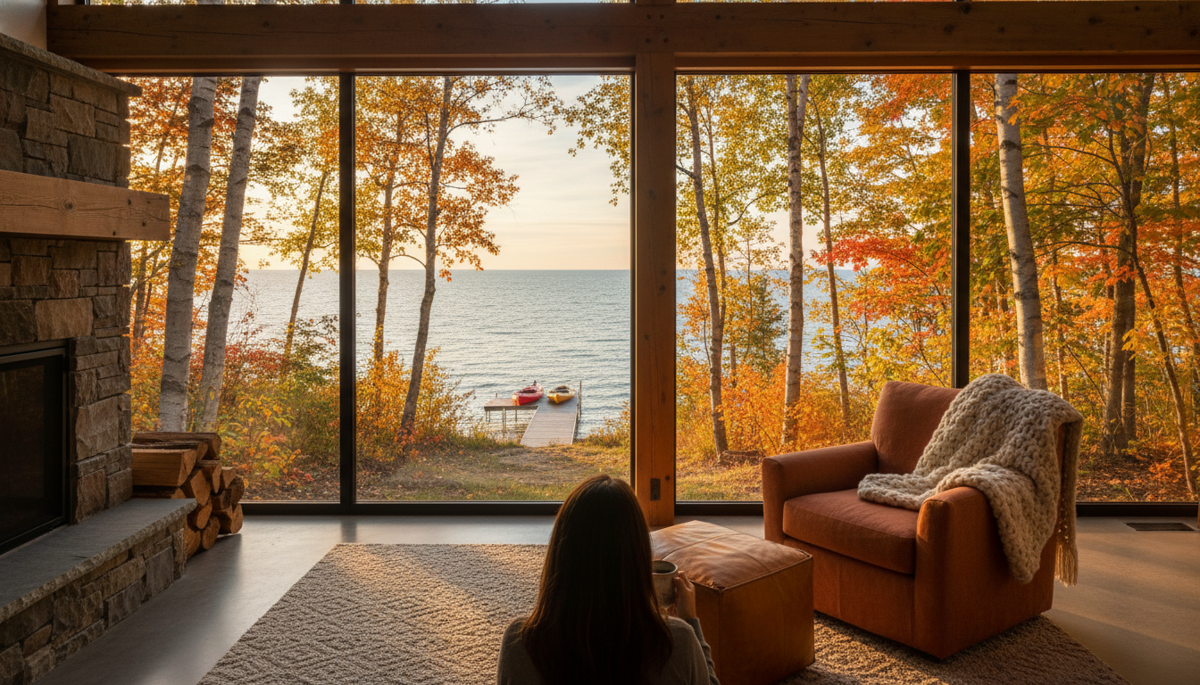 A rustic-modern lake house with floor-to-ceiling windows overlooking Lake Michigan, private dock wit