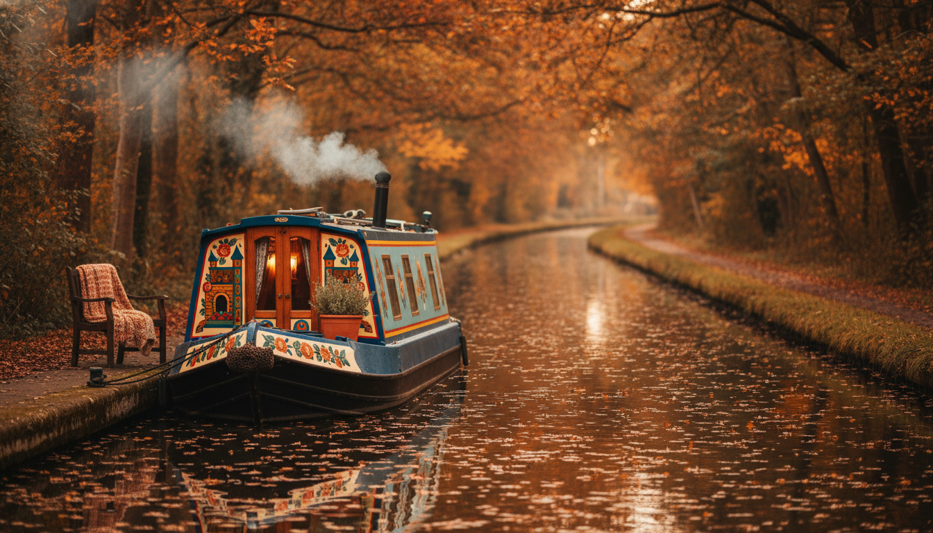A colorfully painted British narrowboat moored along a tree-lined canal, smoke rising from the chimn