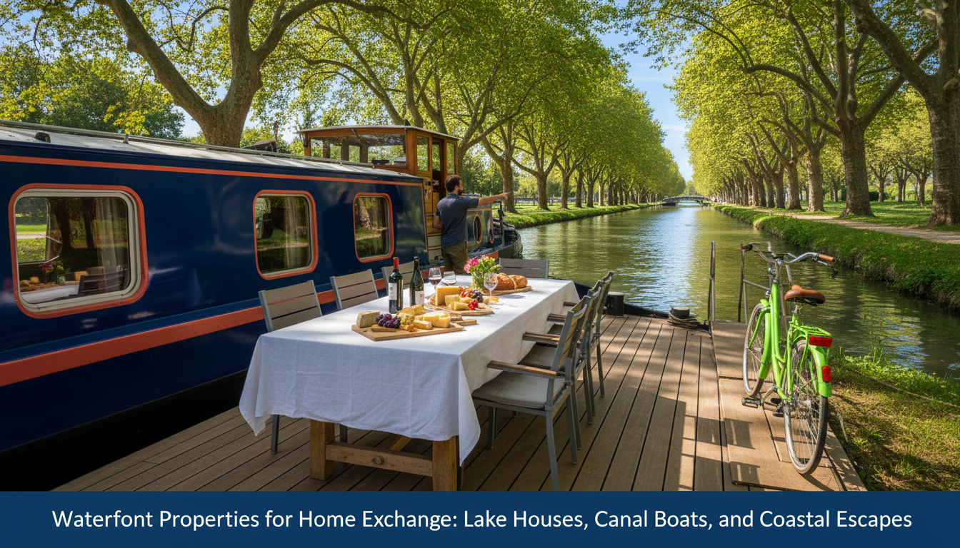 An elegant French pniche barge moored along the Canal du Midi, outdoor dining table set with wine an