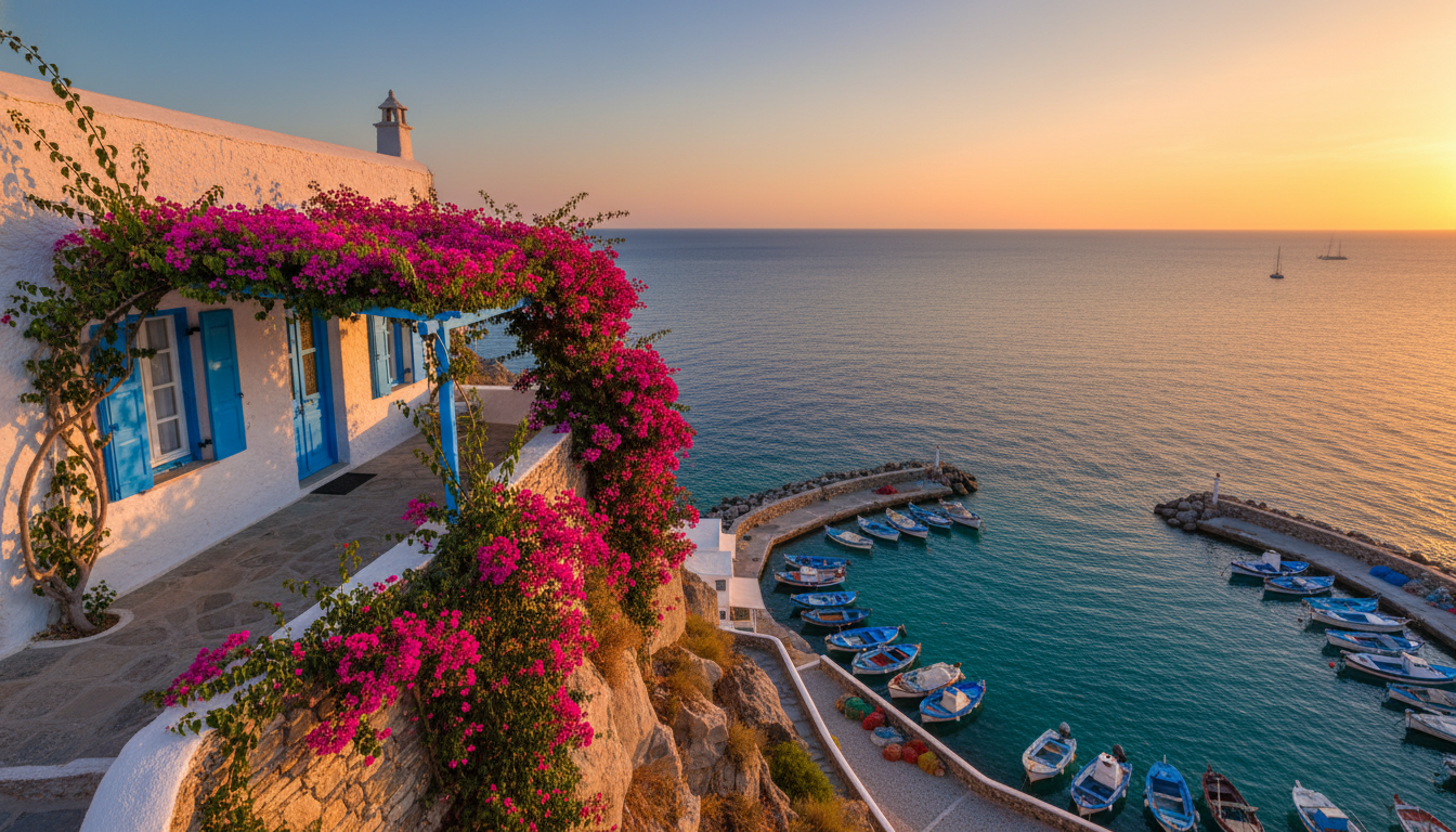 A whitewashed Greek cottage with blue shutters perched on a cliff overlooking the Aegean Sea, bougai