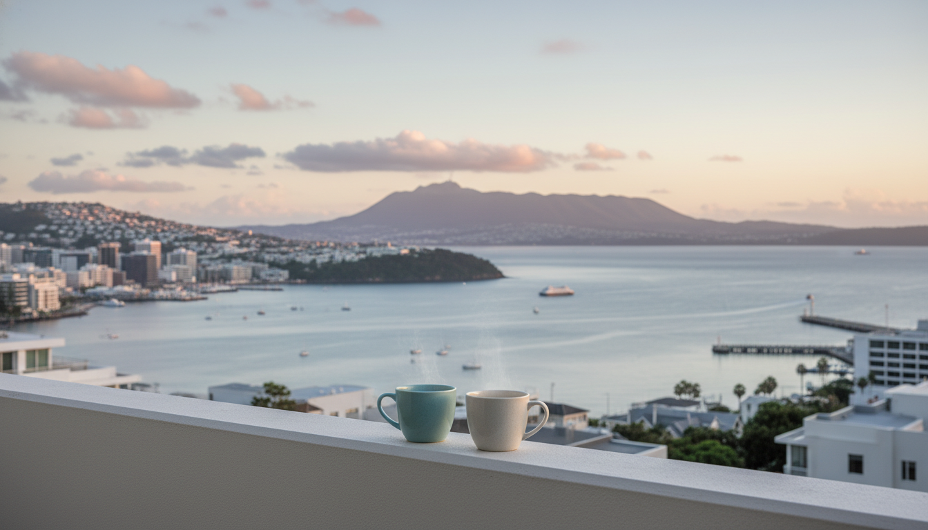 sunrise view over Wellington Harbor from a Thorndon apartment balcony, two coffee cups on the railin
