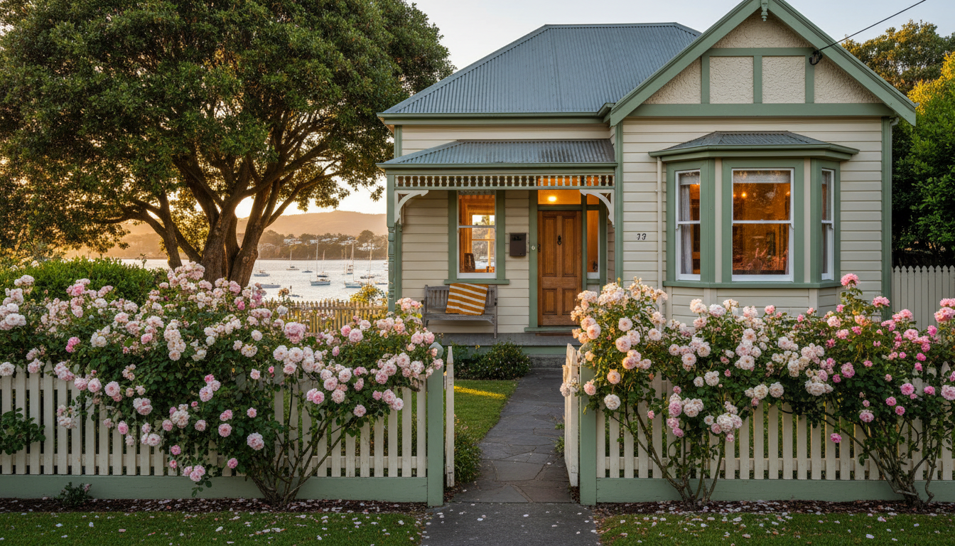 a charming Victorian cottage in Thorndon with a white picket fence, climbing roses, and a glimpse of