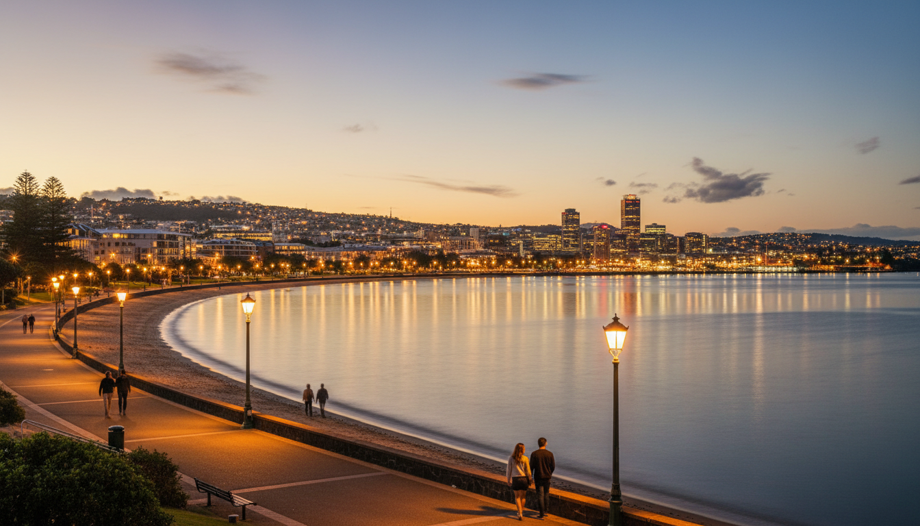 Oriental Bay at dusk, the curve of the beach lit by streetlamps, couples walking along the promenade