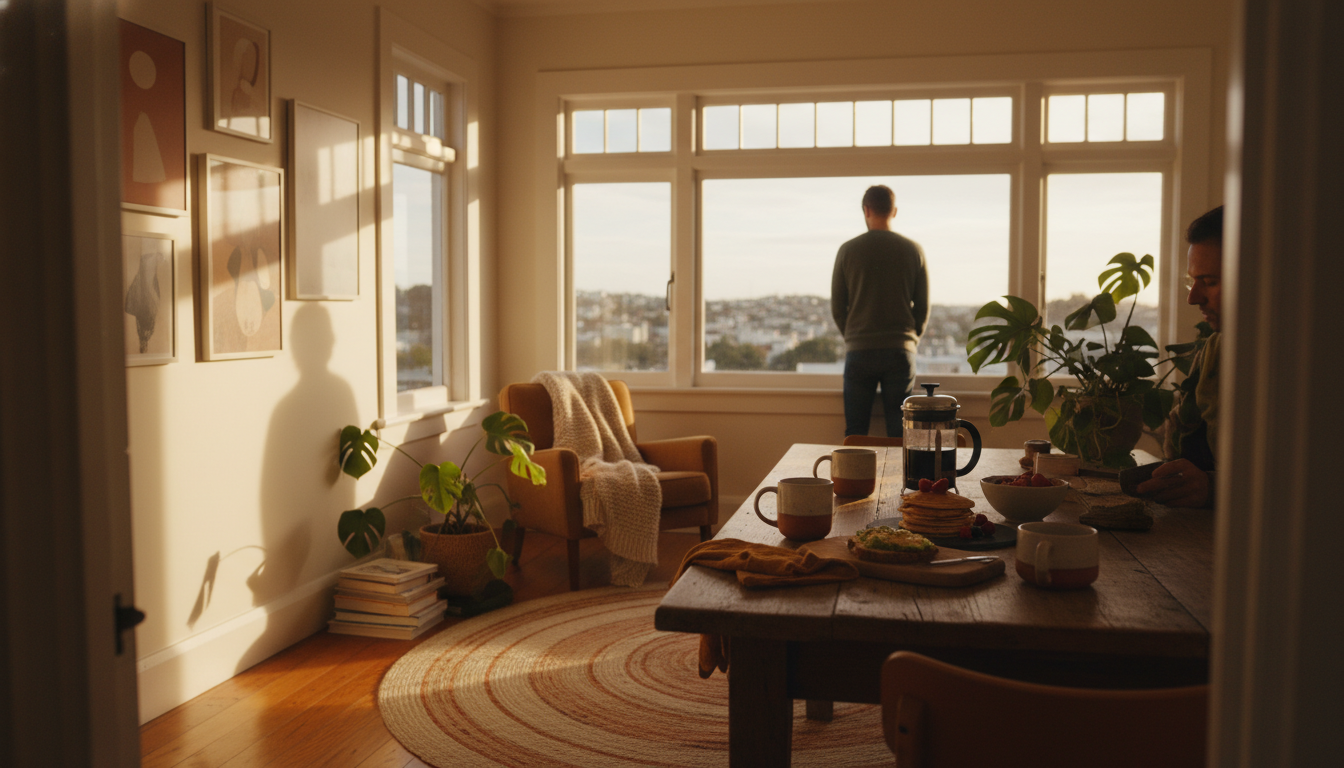 interior of a cozy Wellington home exchange, morning light streaming through large windows, breakfas