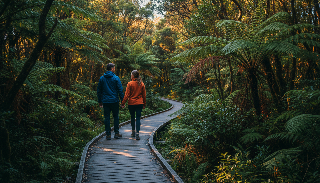 couple walking hand-in-hand through native New Zealand bush, dappled light filtering through fern ca