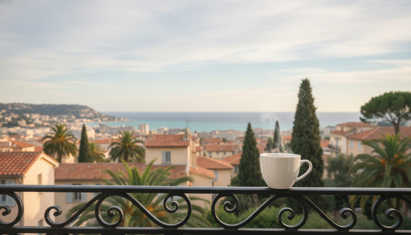 Early morning view from a Nice apartment balcony showing terracotta rooftops, palm trees, and a sliv
