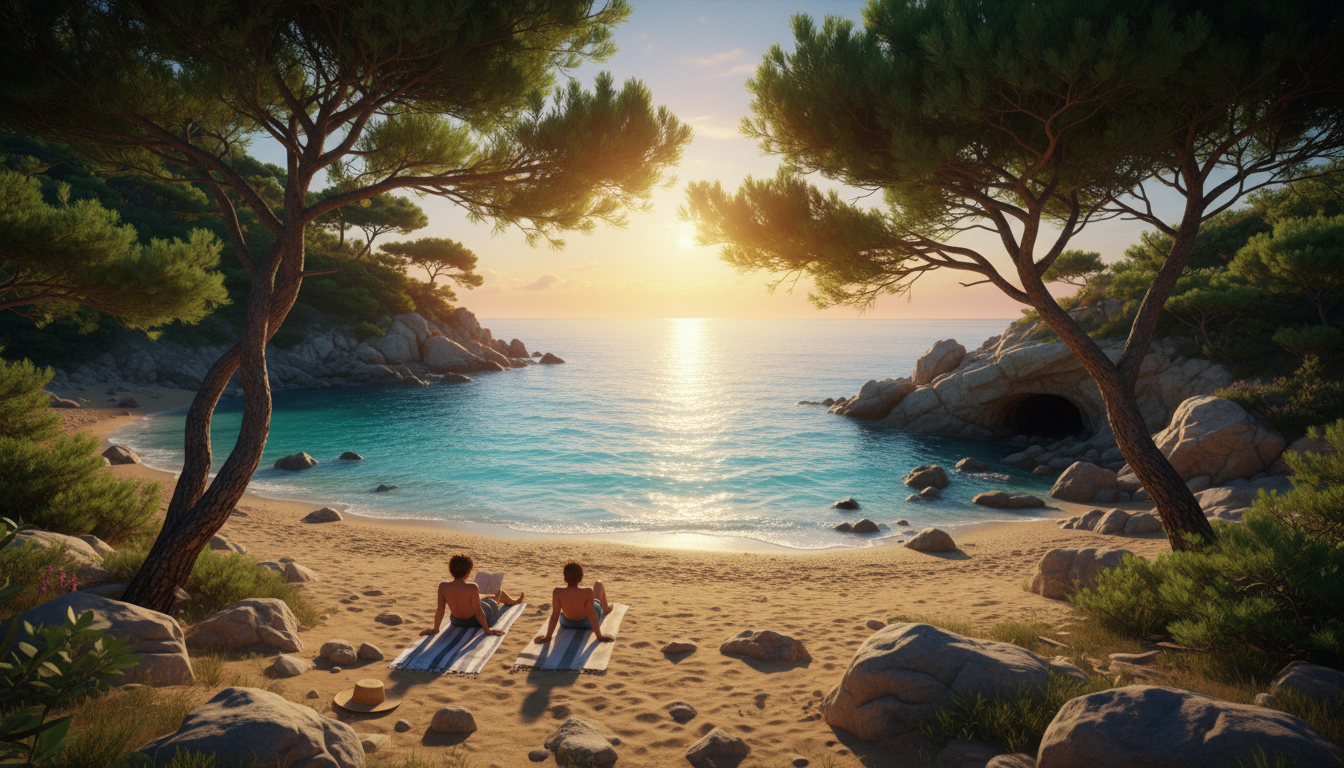 Hidden cove beach with turquoise water, pine trees framing the scene, a few locals on towels rather