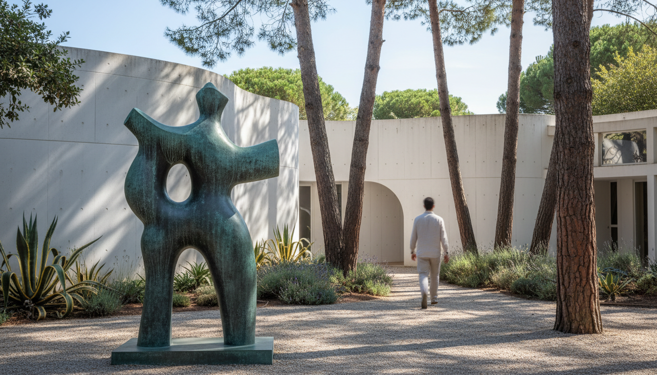 Mir sculpture in the garden of Fondation Maeght, modernist architecture visible behind, dappled sunl