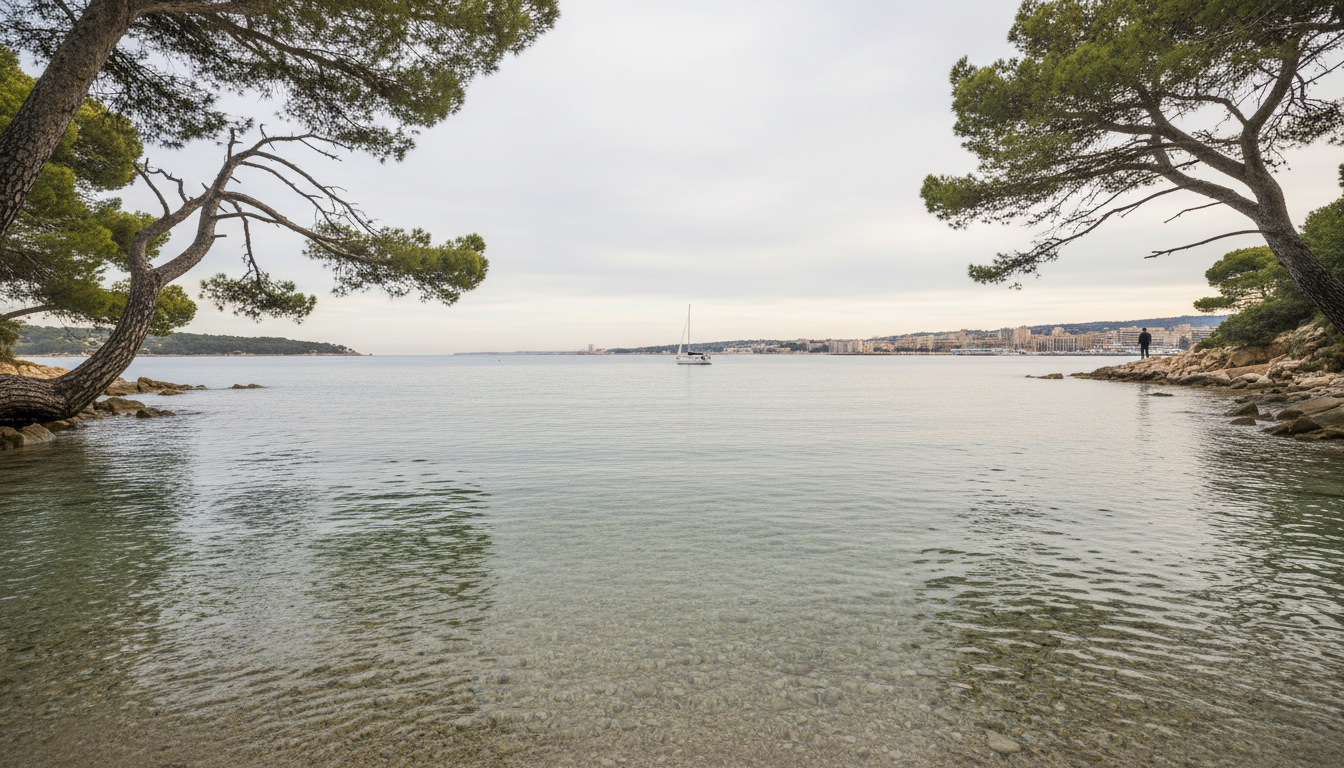 View from le Sainte-Marguerite looking back toward Cannes, pine trees framing the shot, crystal-clea