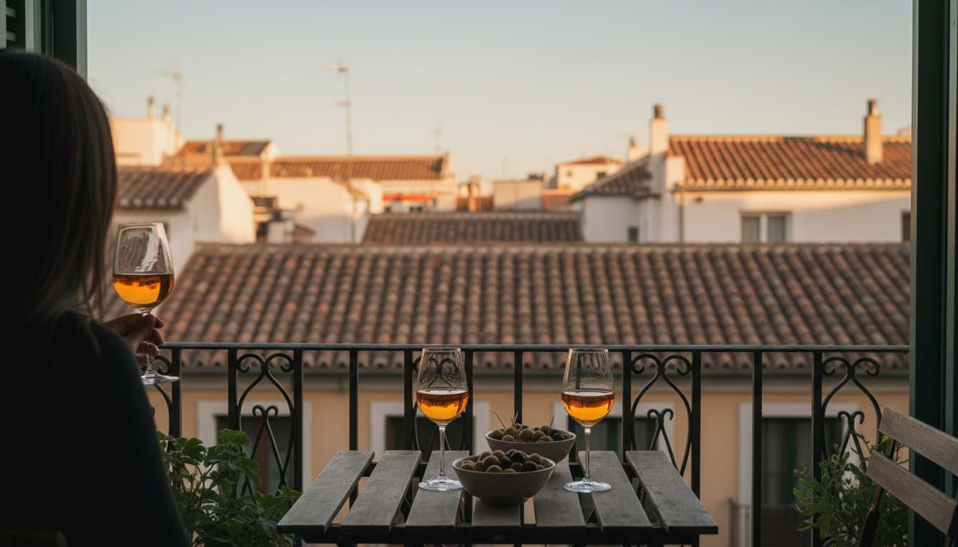 Golden hour light spilling across the terracotta rooftops of Madrids La Latina neighborhood, viewed