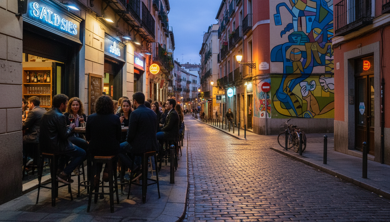 Narrow cobblestone street in Malasaa at dusk, vintage shops with neon signs, young people sitting ou