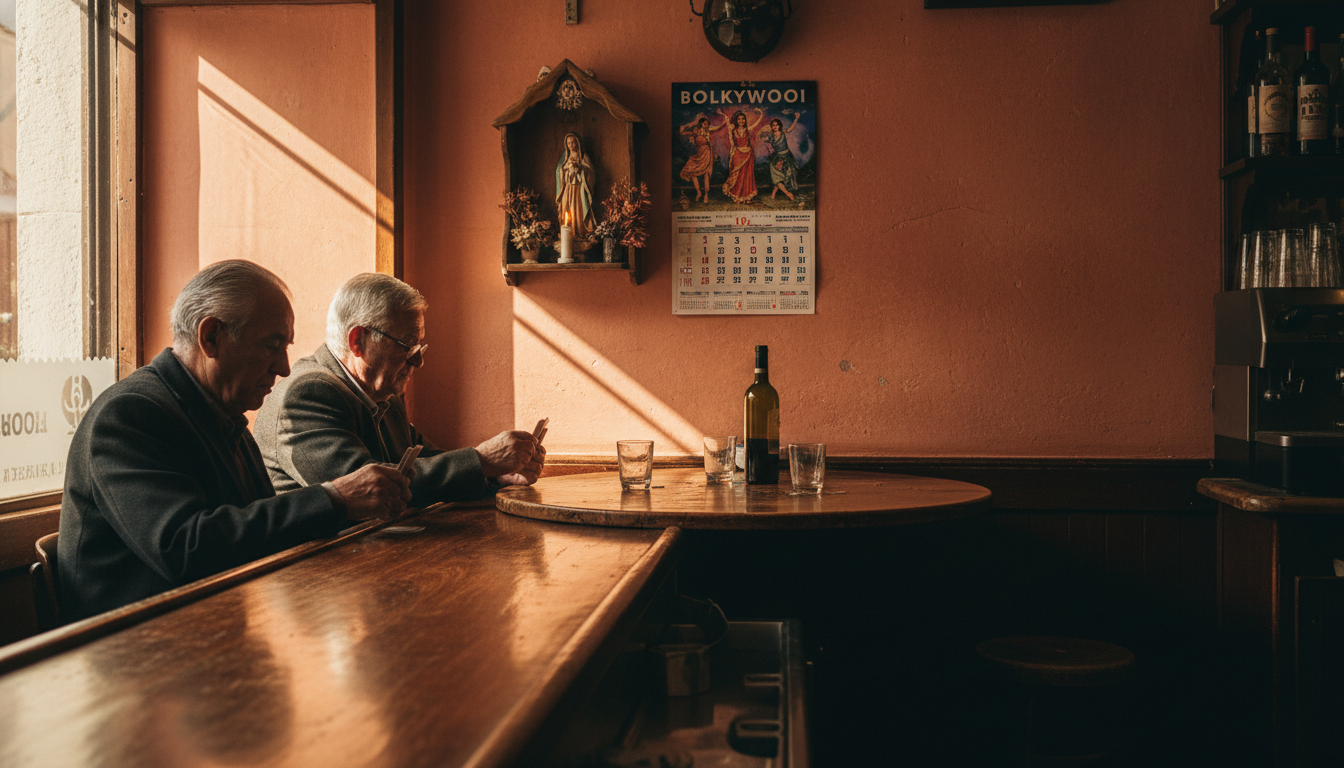 Interior of a traditional Lavapis bar with worn wooden counter, elderly Spanish men playing cards, B