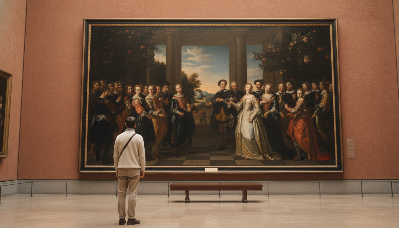 Visitor standing alone in front of Las Meninas at the Prado Museum, early morning light, the paintin