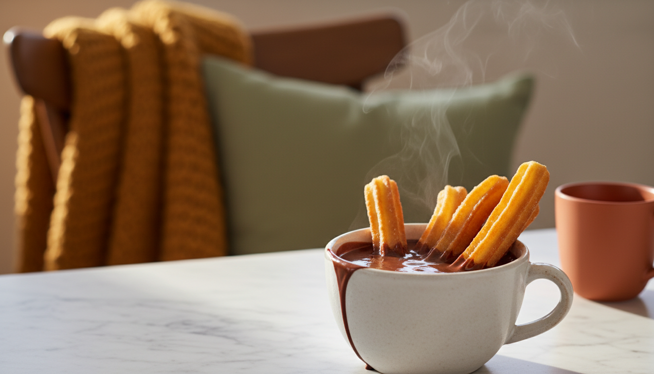Close-up of crispy churros being dipped into thick Spanish hot chocolate, steam rising, traditional