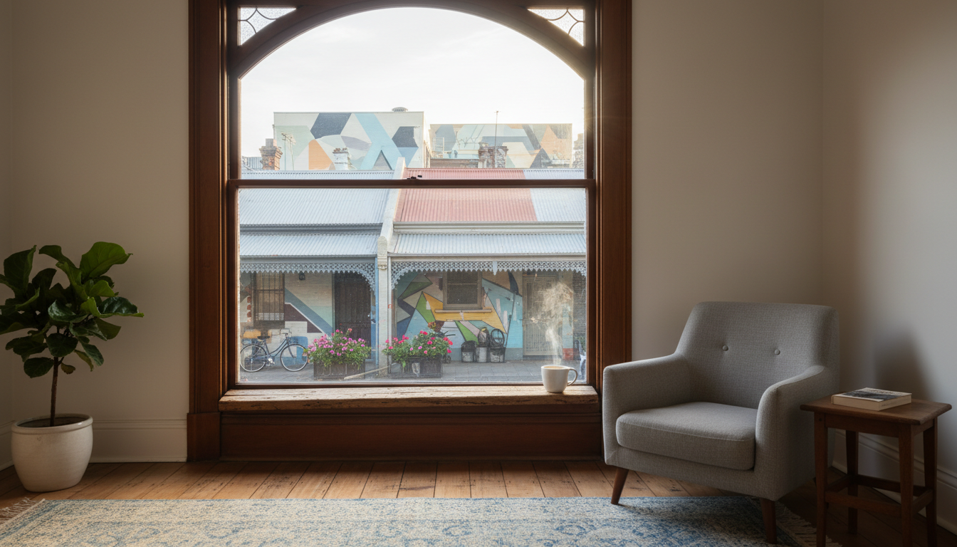 Early morning light filtering through the window of a Victorian-era terrace house in Fitzroy, coffee