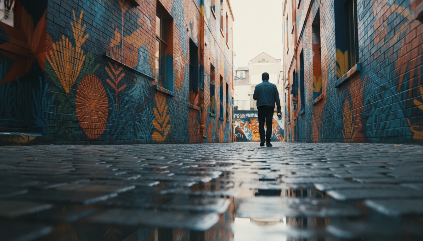 Colorful street art covering an entire building facade on a Fitzroy laneway, with a person walking p