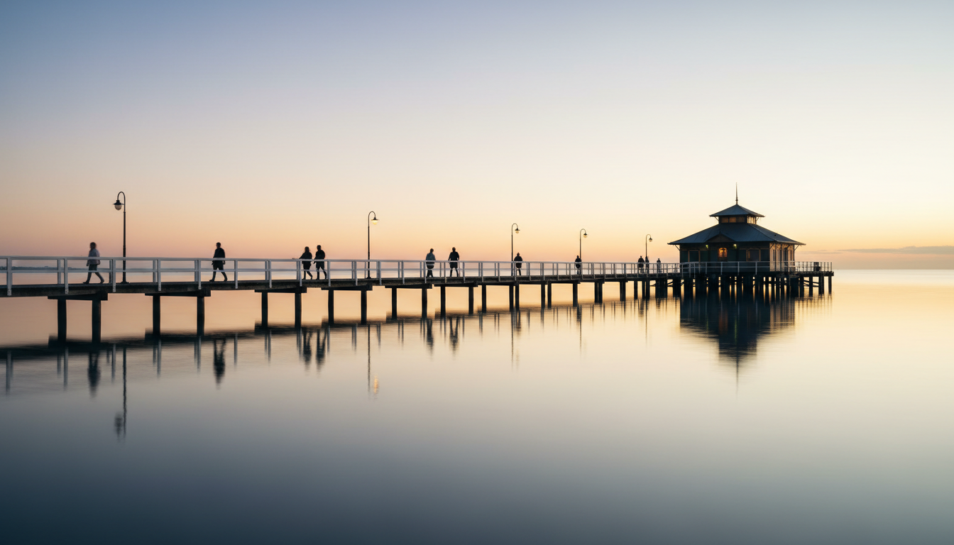 St Kilda pier at golden hour, silhouettes of people walking, the historic pavilion visible at the en