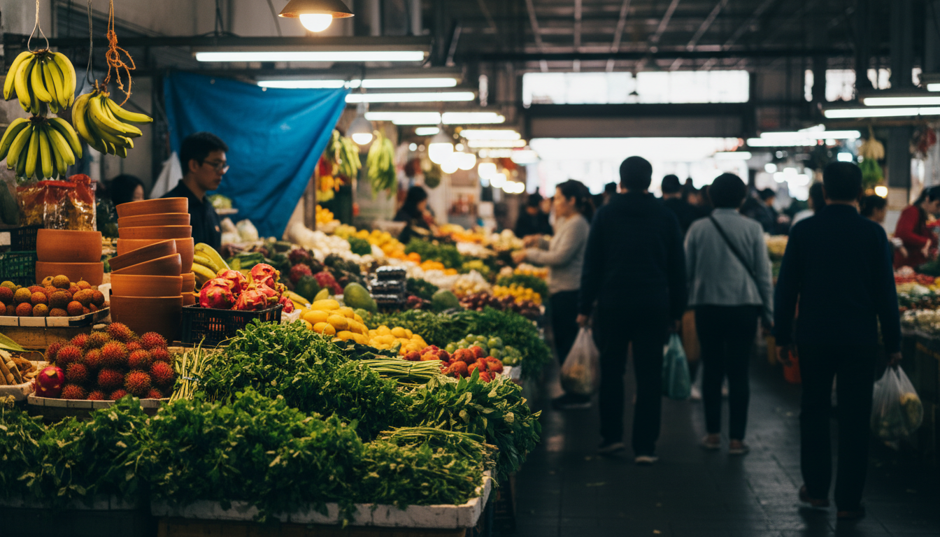 Bustling Footscray Market interior, Vietnamese produce stalls overflowing with fresh herbs and tropi