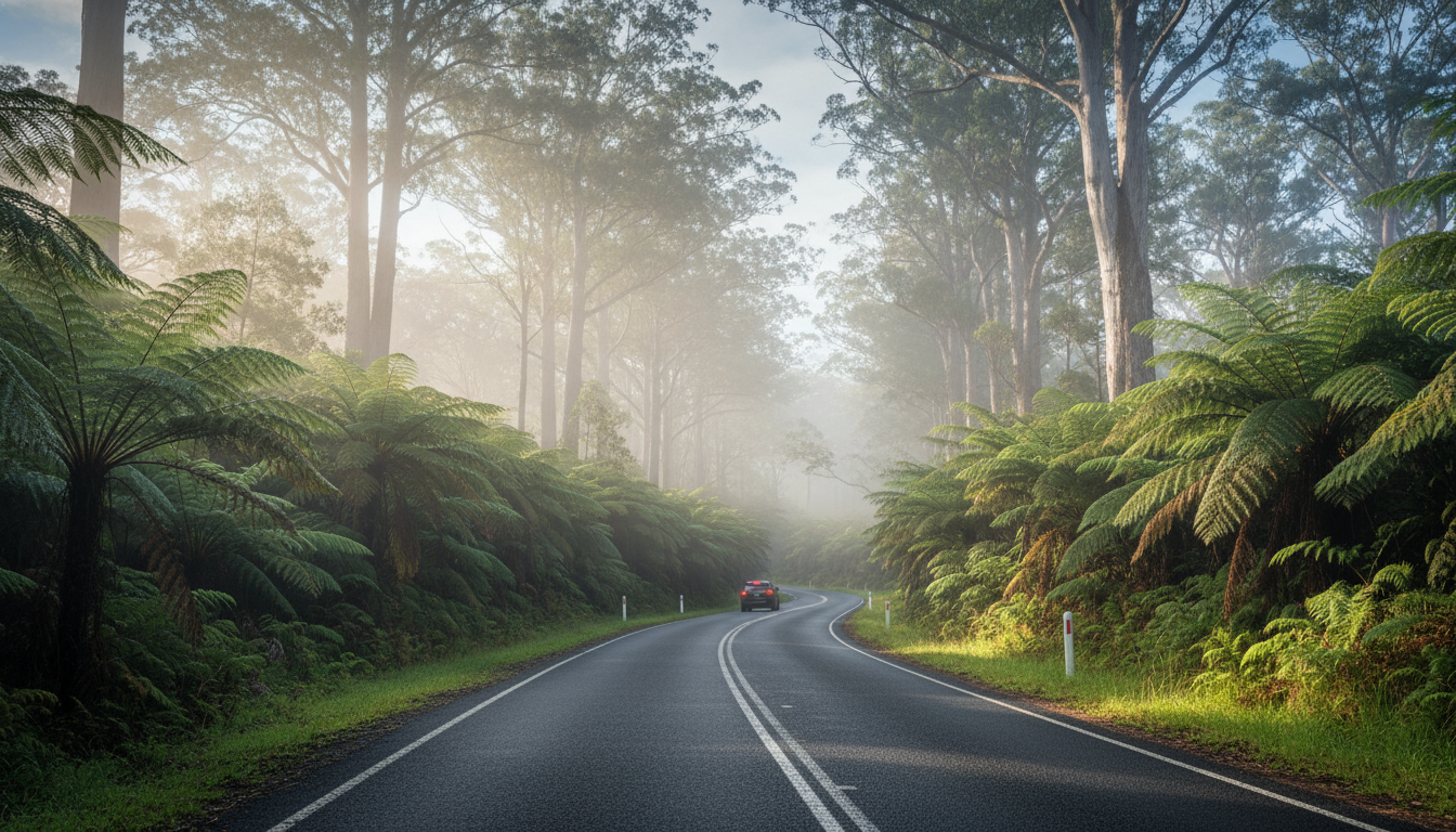 Winding road through lush green fern gullies in the Dandenong Ranges, morning mist visible between t