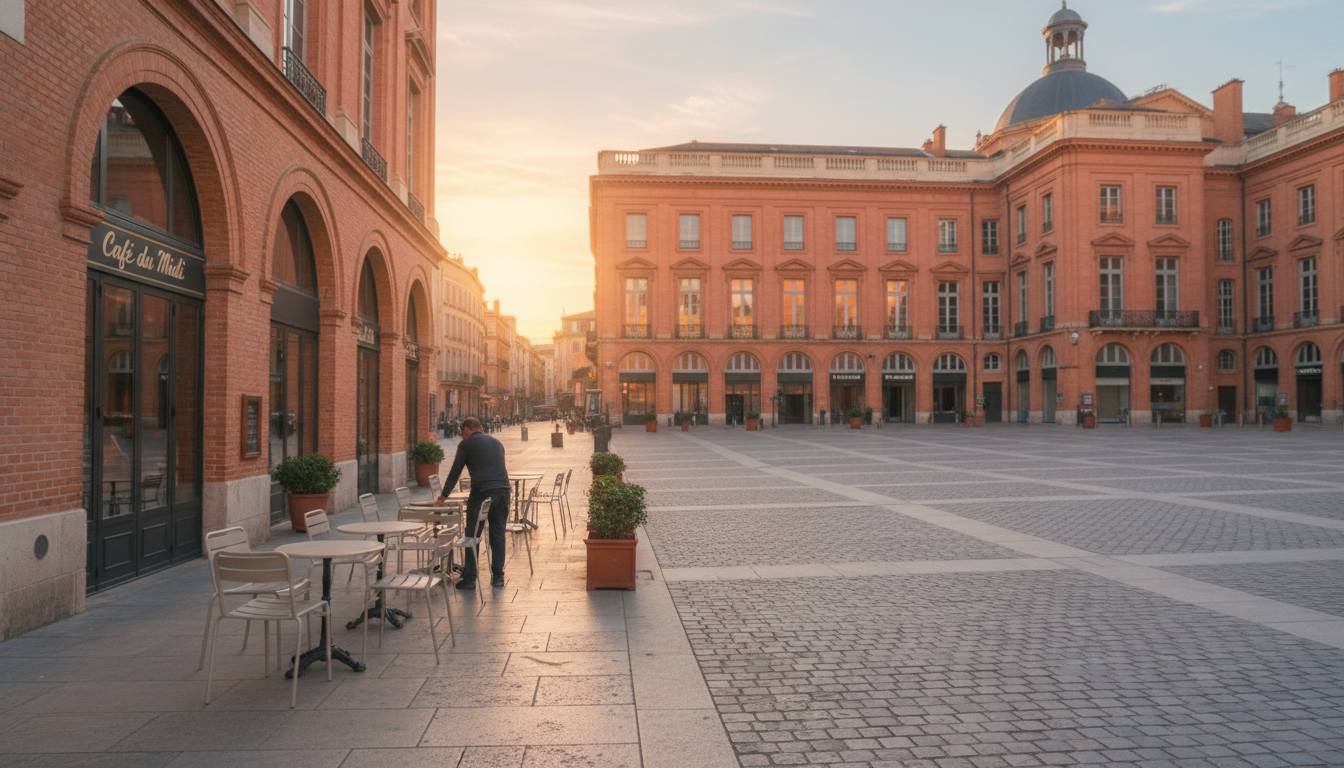 Place du Capitole at golden hour with pink brick buildings glowing, long shadows stretching across t