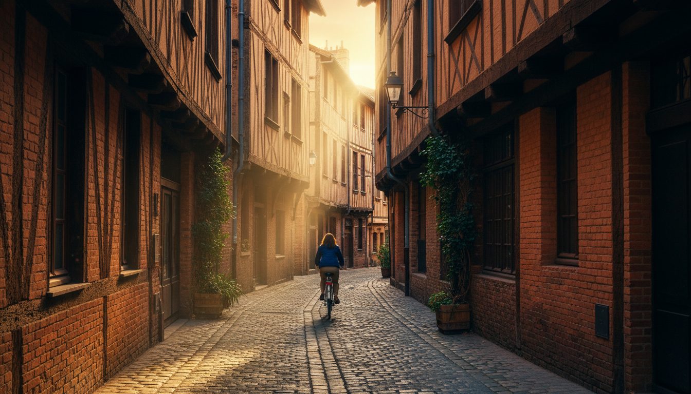 narrow medieval street in Toulouse with timber-framed buildings leaning inward, morning light filter