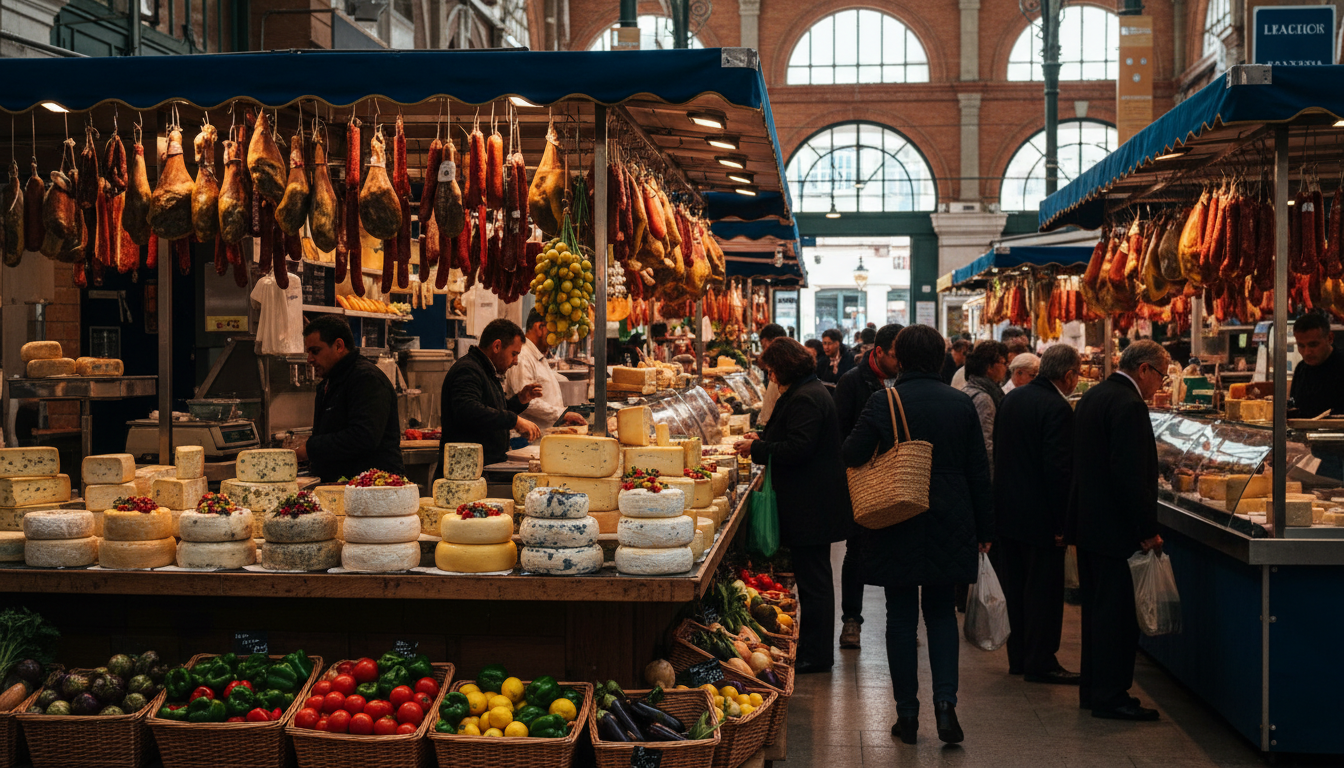 interior of Les Halles de la Carmes market with vendors, hanging cured meats, cheese displays, morni