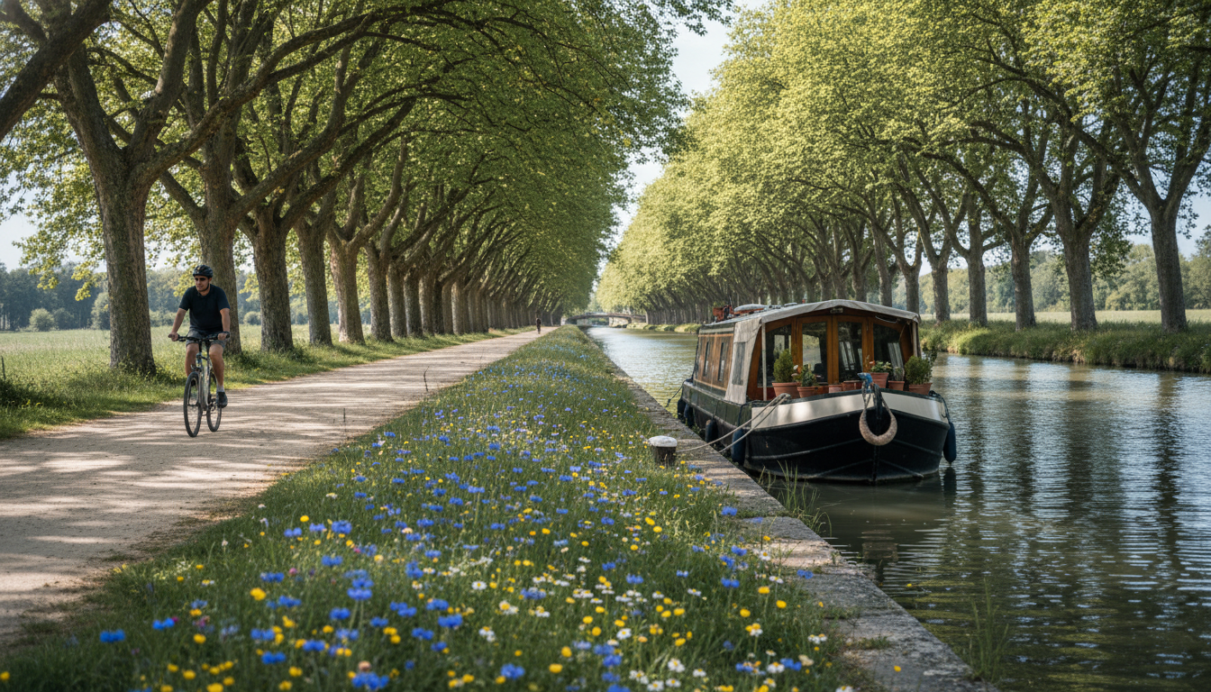 tree-lined Canal du Midi with dappled sunlight, a cyclist in the distance, a narrowboat moored along