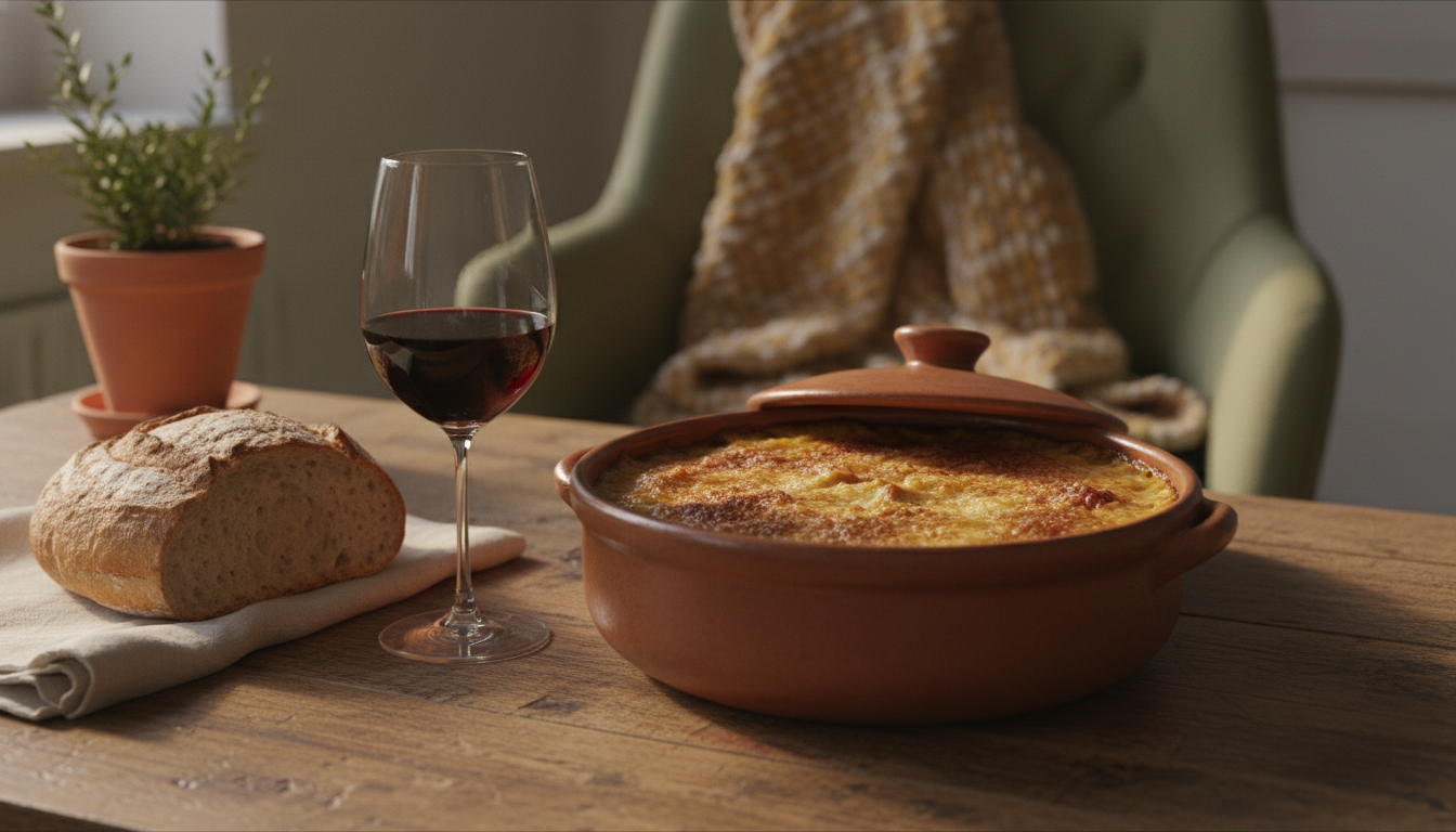 traditional cassoulet in a rustic clay pot, golden crust on top, with a glass of red wine and crusty